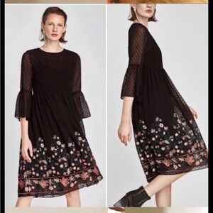 Zara Black Swiss Dot Embroidered Dress Boho Sheer Sleeve Size S NWT
